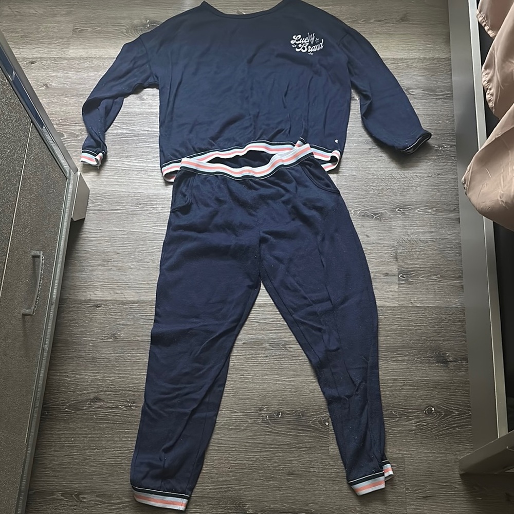 Lucky Brand Navy Pajama Set with Striped Trim